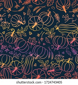 Beautiful pumpkin halloween thanksgiving seamless pattern, cute cartoon pumpkins hand drawn background, great for seasonal textile prints, holiday banners, backdrops or wallpapers - vector surface 
