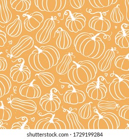 Beautiful pumpkin halloween thanksgiving seamless pattern, cute cartoon pumpkins hand drawn background, great for seasonal textile prints, holiday banners, backdrops or wallpapers - vector surface 