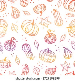 Beautiful pumpkin halloween thanksgiving seamless pattern, cute cartoon pumpkins hand drawn background, great for seasonal textile prints, holiday banners, backdrops or wallpapers - vector surface 