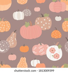 Beautiful pumpkin halloween thanksgiving seamless pattern, cute pretty pumpkin background, for seasonal textile prints, holiday banners, backdrops, wallpapers and giftware