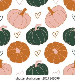 Beautiful pumpkin halloween thanksgiving seamless pattern, cute cartoon pumpkins hand drawn background, great for seasonal textile prints, holiday banners, backdrops or wallpapers, vector surface