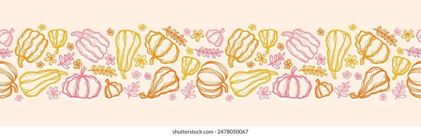 Beautiful pumpkin halloween thanksgiving seamless pattern, cute cartoon pumpkins hand drawn background, great for seasonal textile prints, holiday banners, backdrops or wallpapers - vector surface 