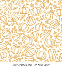 Hermosa calabaza halloween acción de gracias patrón sin fisuras, lindas calabazas de dibujos animados dibujado a mano de fondo, ideal para estampados textiles de temporada, Anuncios de vacaciones, telones de fondo o Fondos de pantalla - superficie de Vector 