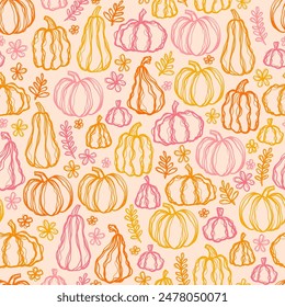 Beautiful pumpkin halloween thanksgiving seamless pattern, cute cartoon pumpkins hand drawn background, great for seasonal textile prints, holiday banners, backdrops or wallpapers - vector surface 