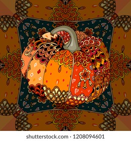 Beautiful pumpkin on seamless ornamental background. Halloween symbol in vector. Patchwork pattern.