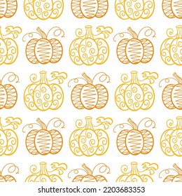Beautiful pumpkin seamless pattern for Thanksgiving. Autumn vegetable background. Print for paper, textile, packaging, wallpaper. Sketch decorated vegetables repeat template vector digital 