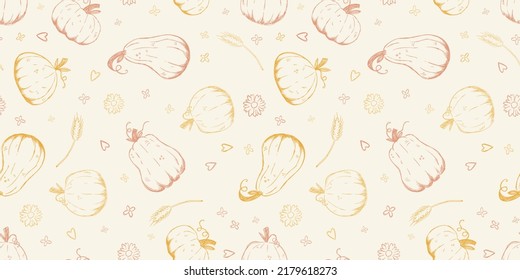 Beautiful pumpkin thanksgiving seamless pattern, cute cartoon pumpkins hand drawn background, great for seasonal textile prints, holiday banners, backdrops or wallpapers - vector surface 