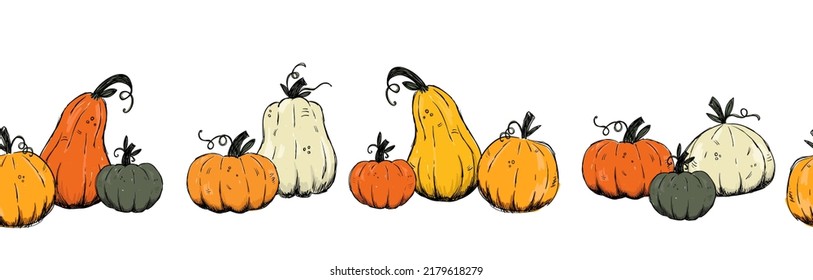 Beautiful pumpkin thanksgiving seamless pattern, cute cartoon pumpkins hand drawn background, great for seasonal textile prints, holiday banners, backdrops or wallpapers - vector surface 