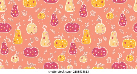 Beautiful pumpkin thanksgiving seamless pattern, cute cartoon pumpkins hand drawn colorful background, great for seasonal textile prints, holiday banners, backdrops or wallpapers - vector surface 