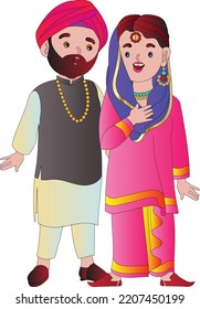Beautiful Punjabi girl in a national dress. Kamiz with turban - Punjabi dress for men.