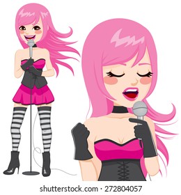 Beautiful punk rock pink haired singer woman singing passionately