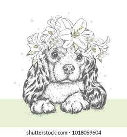 A beautiful puppy in a flower wreath. A pedigree dog in a wreath of lilies. Vector illustration for a postcard or a poster, print for clothes.