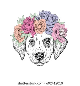 A beautiful puppy in a flower wreath. Vector illustration for a postcard or a poster, print for clothes. Fashion & Style.