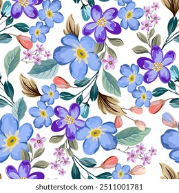 Beautiful purple and blue flowers, hand drawn, seamless, on a light background. Designed for fabric, fashion, textiles, wallpaper, gift wrap.