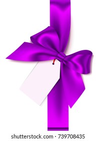 Beautiful purple bow with empty sale tag for gift decor. Holiday decoration. Vector violet bow with vertical ribbon