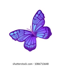 Beautiful purple butterfly with blue pattern on wings. Vector icon of flying insect. Element for card, notebook cover or poster