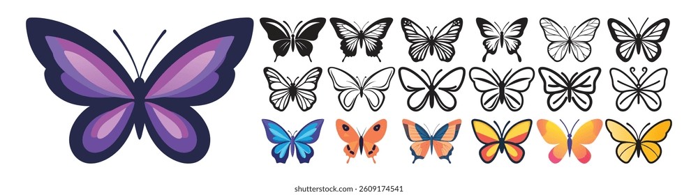 Beautiful Purple Butterfly and Collection of Colorful Butterflies