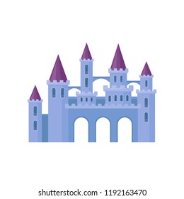 Beautiful purple castle with towers and conical roofs. Medieval fortress. Flat vector element for children book