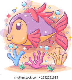 The beautiful purple discus fish swim near the blue bubble of illustration