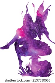 Beautiful purple fantasy fairy; Mystical universe silhouette with white isolated background