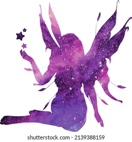 Beautiful purple fantasy fairy; Mystical universe silhouette with white isolated background