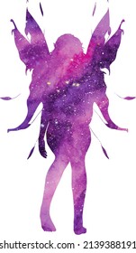 Beautiful purple fantasy fairy; Mystical universe silhouette with white isolated background