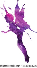 Beautiful purple fantasy fairy; Mystical universe silhouette with white isolated background