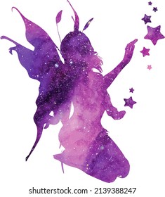 Beautiful purple fantasy fairy; Mystical universe silhouette with white isolated background