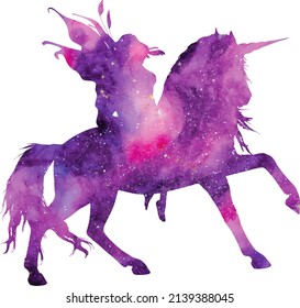 Beautiful purple fantasy fairy; Fairy riding unicorn, Mystical universe silhouette with white isolated background, mystical unicorn with fairy