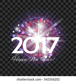Beautiful purple fireworks with a bright flash of light and greetings Happy New Year 2017! on a transparent background
