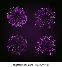 Beautiful purple fireworks set. Bright fireworks isolated black background. Light pink decoration fireworks for Christmas, New Year celebration, holiday festival, birthday card Vector illustration