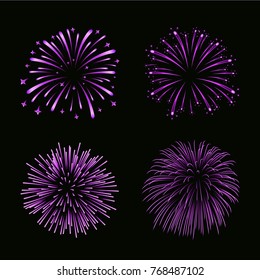 Beautiful purple fireworks set. Bright fireworks isolated black background. Light pink decoration fireworks for Christmas, New Year celebration, holiday festival, birthday card Vector illustration