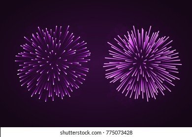 Beautiful purple fireworks set. Bright fireworks isolated black background. Light pink decoration fireworks for Christmas, New Year celebration, holiday festival, birthday card Vector illustration