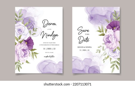 plantilla de tarjeta de invitación de arreglo floral de color púrpura hermoso