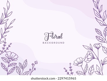 Beautiful Purple floral background with hand drawn leaves and flower border on pastel flat color for wedding invitation or engagement or greeting card