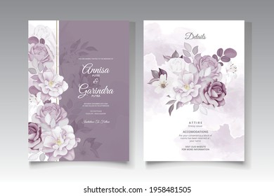  Beautiful purple  floral frame wedding invitation card template Premium Vector