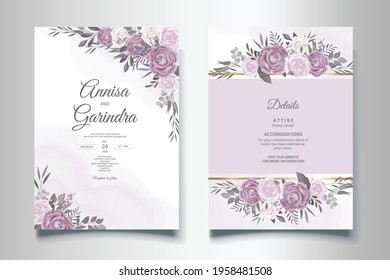  Beautiful purple  floral frame wedding invitation card template Premium Vector