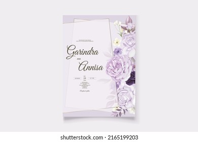 Beautiful purple  floral frame wedding invitation card template Premium Vector