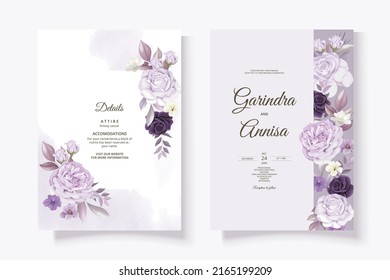 Hermosa plantilla de tarjeta de invitación a bodas con marco floral morado Premium Vector