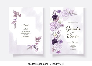 Beautiful purple  floral frame wedding invitation card template Premium Vector