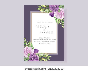 plantilla de tarjeta de invitación de boda floral púrpura hermosa