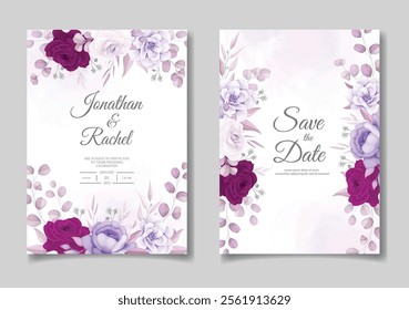 Beautiful Purple Floral Wedding Invitation Card Template. Illustrator and designer. Wedding Invites, save the date, Birthday Invites, Video Invites, E-Cards.