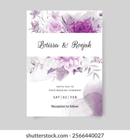 Beautiful Purple Floral Wedding Invitation Card. Illustrator and designer. Wedding Invites, save the date, Birthday Invites, Video Invites, E-Cards.