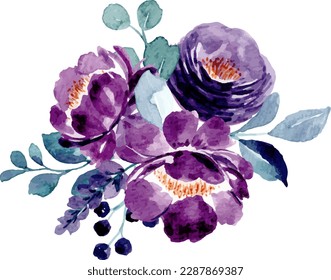 Beautiful purple flower bouquet with watercolor for background, wedding, fabric, textile, greeting, card, wallpaper, banner, sticker, decoration etc.
