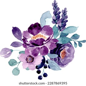 Beautiful purple flower bouquet with watercolor for background, wedding, fabric, textile, greeting, card, wallpaper, banner, sticker, decoration etc.
