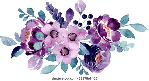 Beautiful purple flower bouquet with watercolor for background, wedding, fabric, textile, greeting, card, wallpaper, banner, sticker, decoration etc.
