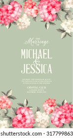 Beautiful purple flower of hydrangea. Wedding Card and engagement announcement.  Invitation card template with red blooming hydrangea over gray background. Vector illustration.