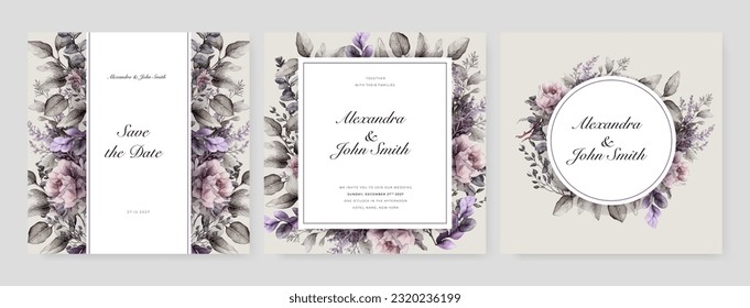 beautiful purple flower watercolor wedding invitation design template