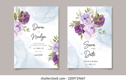 Hermoso diseño de tarjeta de invitación a bodas con flores moradas