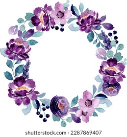 Beautiful purple flower wreath with watercolor for wedding, birthday, card, background, invitation, wallpaper, sticker, decoration etc.
